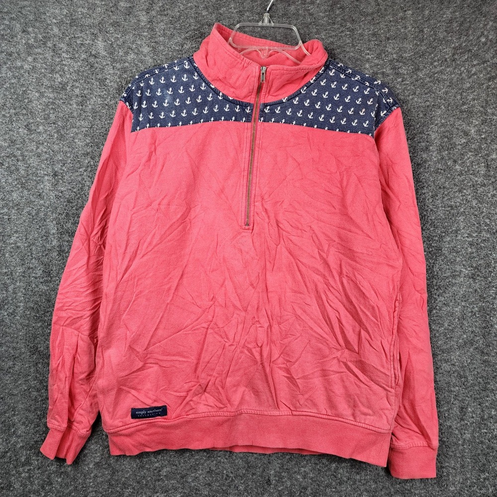 Simply Southern Pullover Women L Coral Pink Anchor Print‎ Nautical Quarter Zip